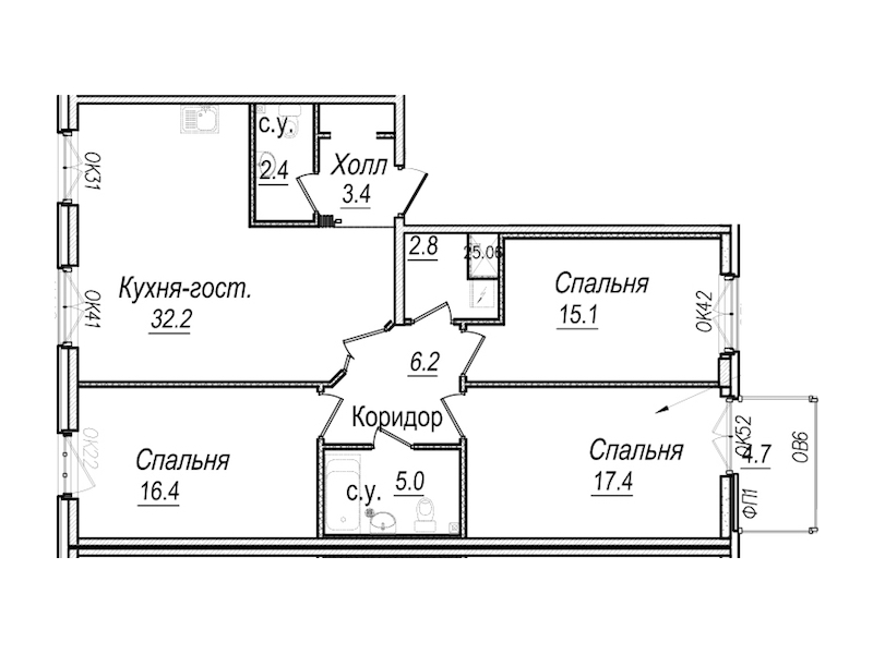 3-комнатная квартира 102.3 м², 6/8 эт., Комплекс апартаментов «Meltzer Hall»